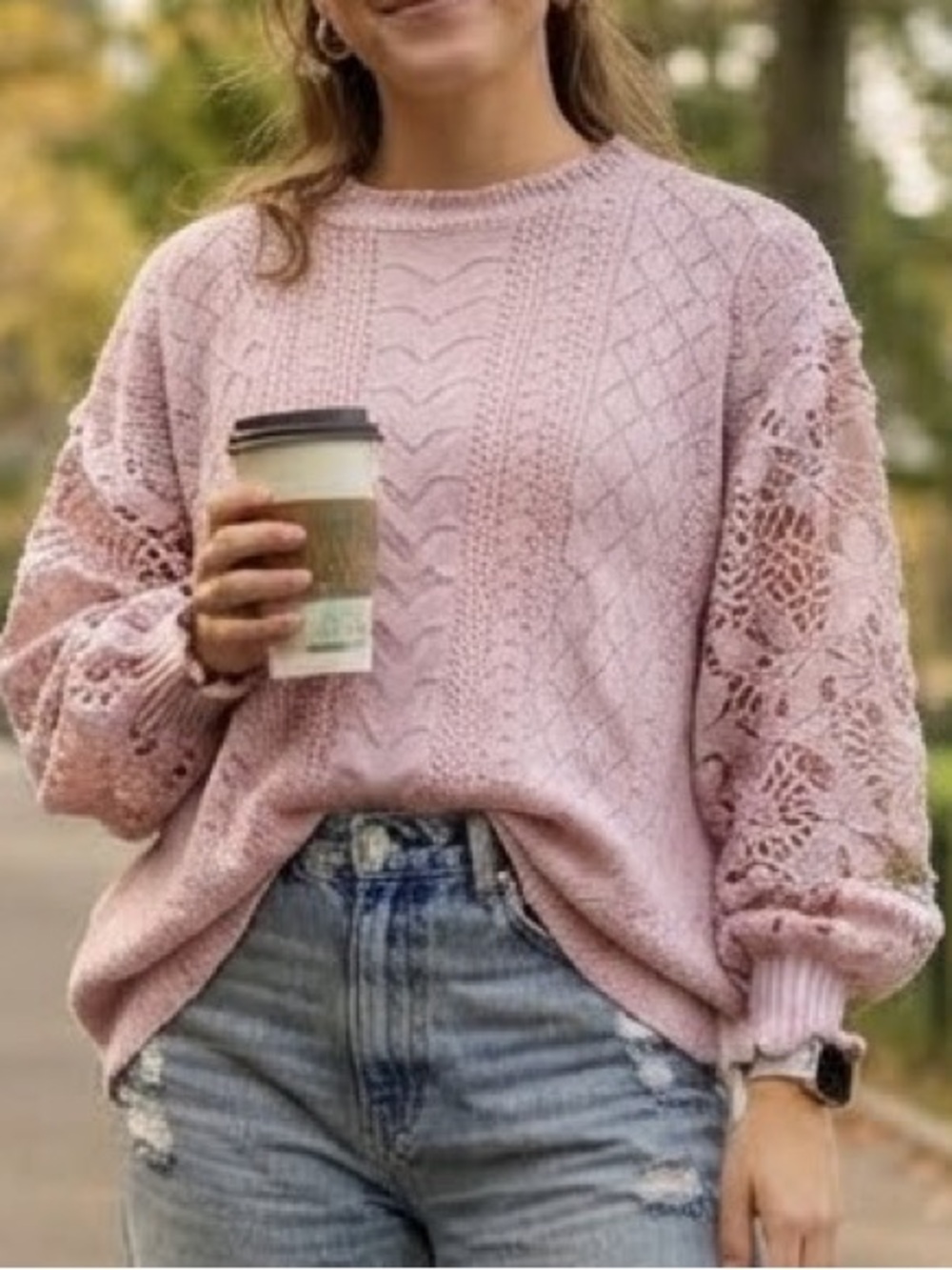 Pink Open Knit Sweater Lace Sleeves Crewneck Fashion Pullover L Twee Boho Chic